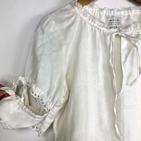 McGuire White 100% Linen Peasant Shirt Tie Eyelet Blouse Top Boho Casual XS - Picture 6 of 9